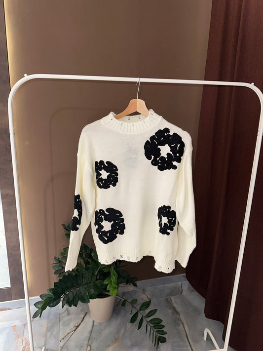 MAGLIONE A FIORI BIANCO